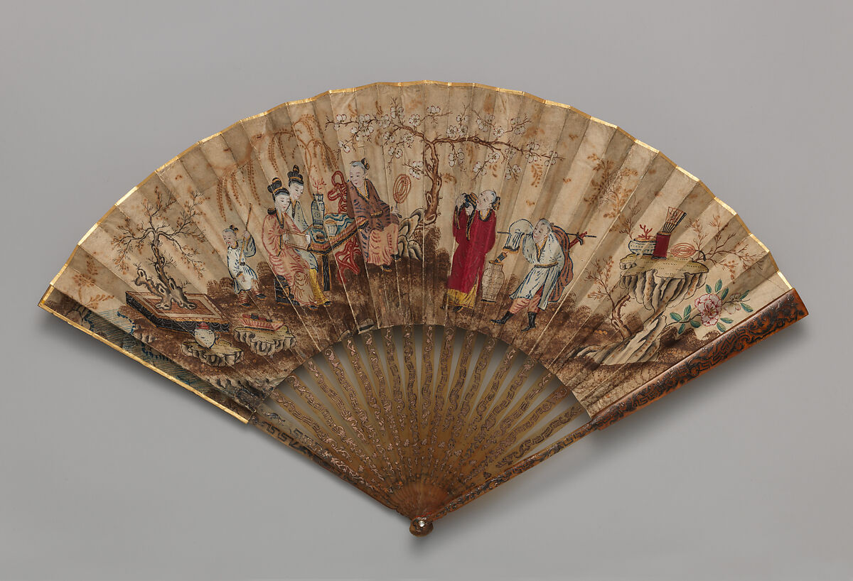 Folding Fan with Scene of Pedlars, Ladies, and a Playing Child, Paper, tortoiseshell, Chinese with European sticks 