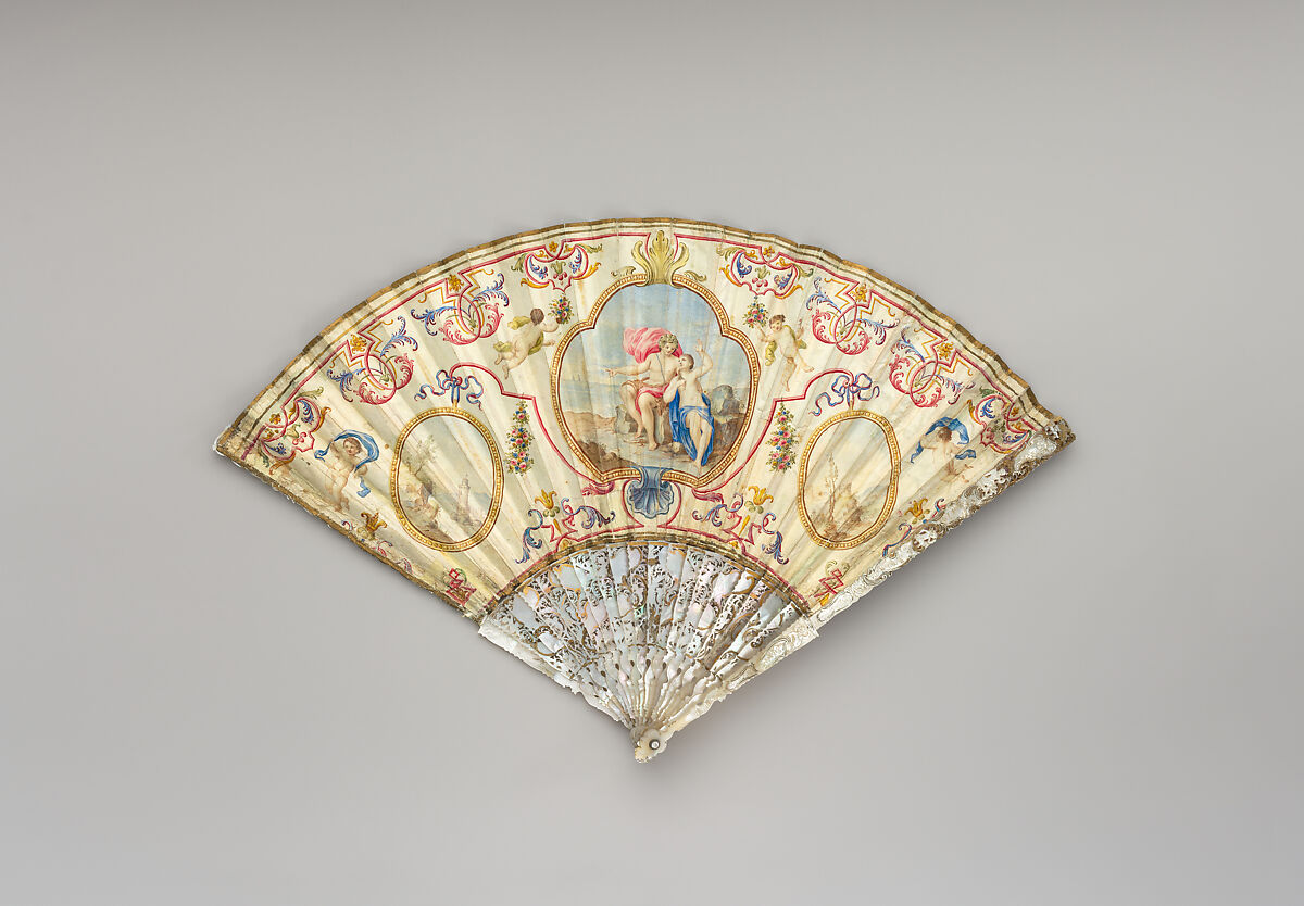 Fan, Paper, paint, mother-of-pearl, gilt, Italian or French