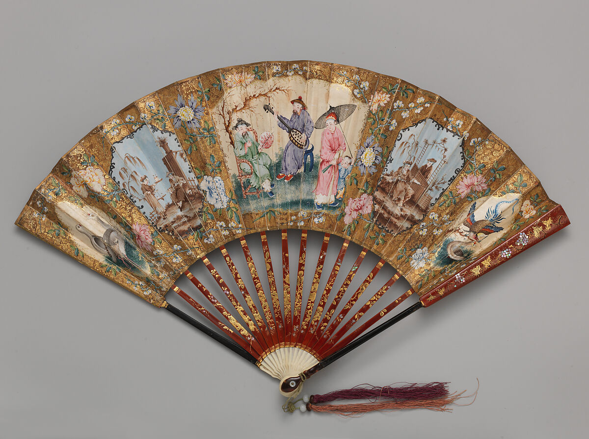 Folding Fan with Scene of a Musical Concert, flanked by a Fisherman and Birds, Paper, wood, ivory, and tortoiseshell, Chinese, for the European Market 