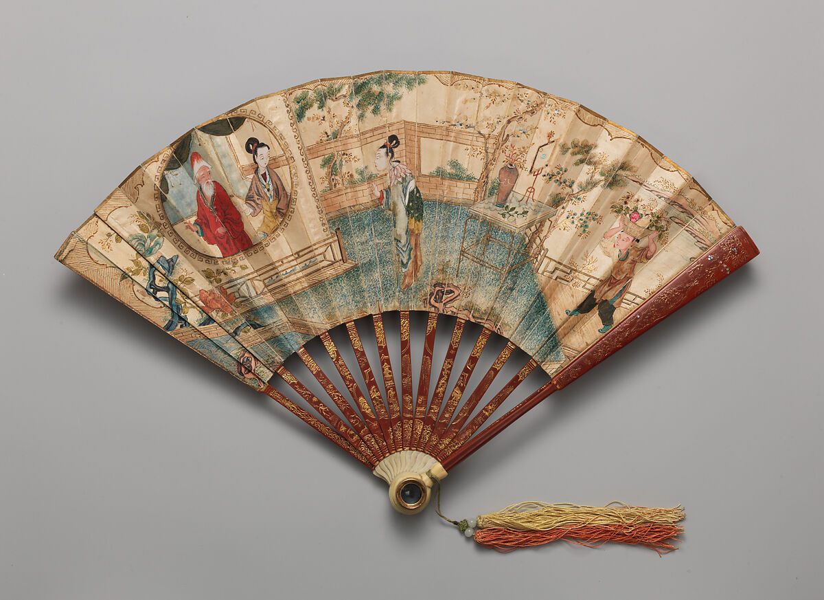 Lorgnette Fan with Scene of Figures in a Courtyard Garden, Paper, ivory, and silk, Chinese, for the European Market 