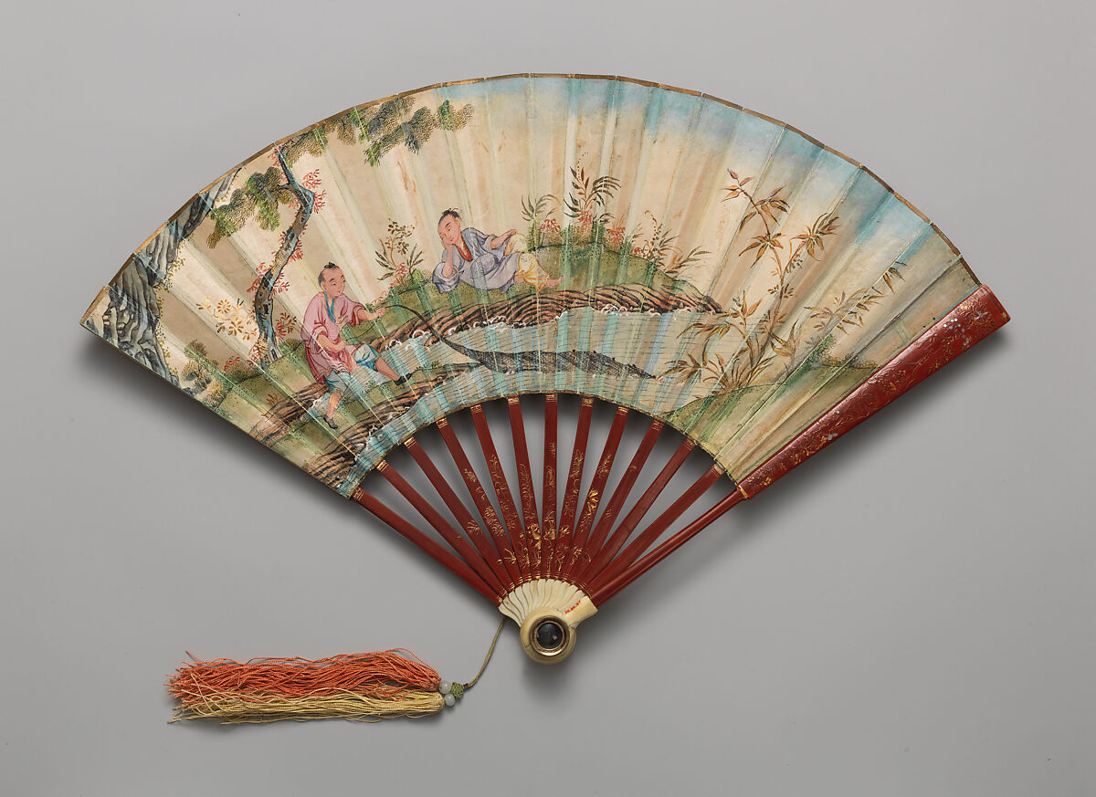 Lorgnette Fan with Scene of Figures in a Courtyard Garden, Watercolor with gold highlights on paper with silk collage; red lacquered and gilded ivory, Chinese, for the European Market