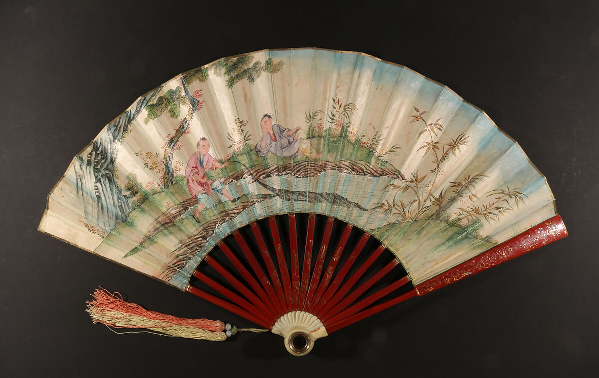 Lorgnette Fan with Scene of Figures in a Courtyard Garden, Watercolor with gold highlights on paper with silk collage; red lacquered and gilded ivory, Chinese, for the European Market