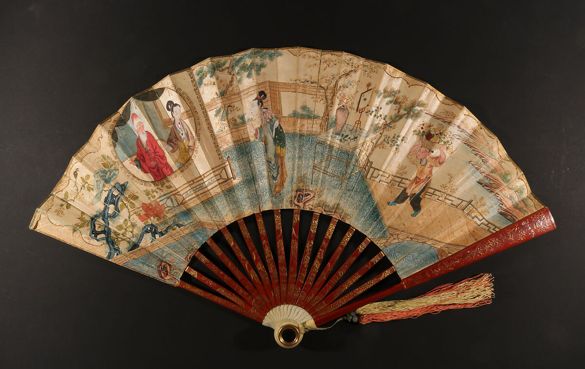 Lorgnette Fan with Scene of Figures in a Courtyard Garden, Watercolor with gold highlights on paper with silk collage; red lacquered and gilded ivory, Chinese, for the European Market