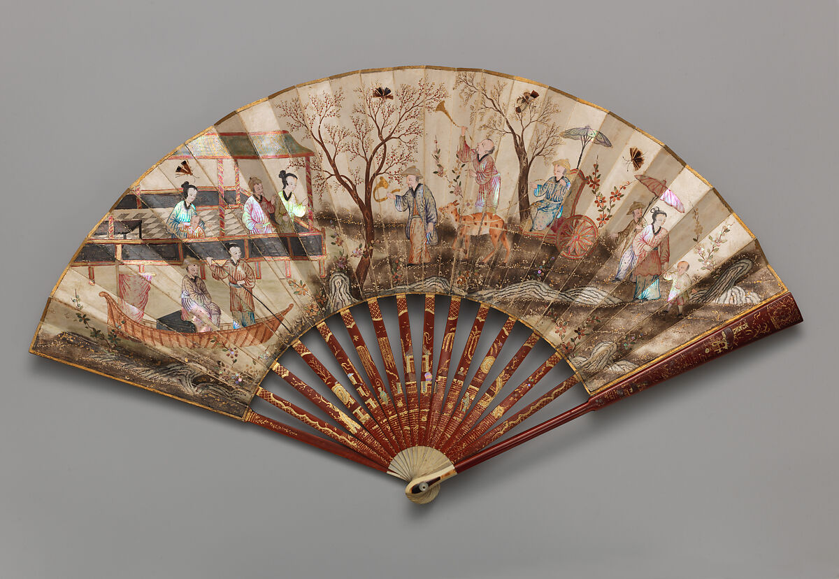 Folding Fan with Scene of Figures in a Landscape, Paper, wood, mother-of-pearl, ivory and tortoiseshell, Chinese, for the European Market 
