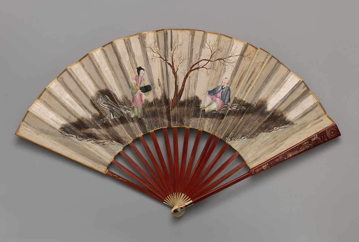 Folding Fan with Scene of Figures in a Landscape, Paper, wood, mother-of-pearl, ivory and tortoiseshell, Chinese, for the European Market