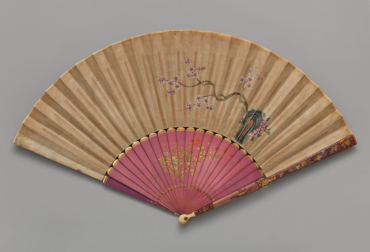 Folding Fan with Scene of Figures in a Landscape, Paper, ivory, and mother-of-pearl, Chinese, for the European Market