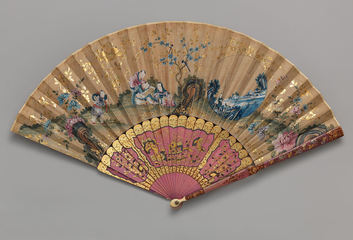 Folding Fan with Scene of Figures in a Landscape, Paper, ivory, and mother-of-pearl, Chinese, for the European Market 