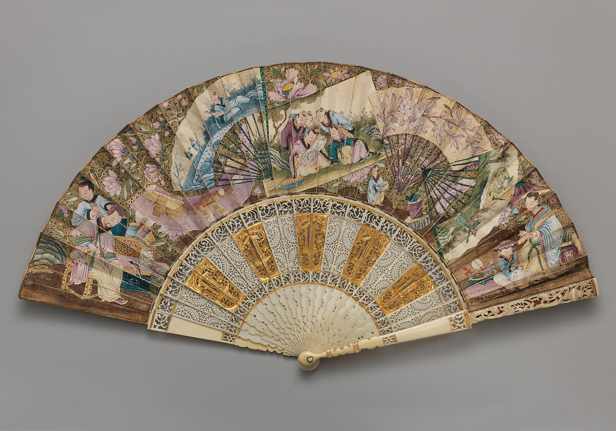 Folding Fan with Trompe l'Oeil Representations of Fans, Scrolls, and Figure Groups, Paper. ivory, Chinese, for the European Market 