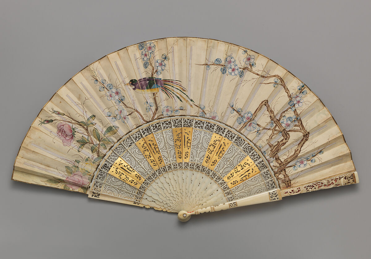 Folding Fan with Trompe l'Oeil Representations of Fans, Scrolls, and Figure Groups, Gouache on parchment; gilded ivory, Chinese, for the European Market