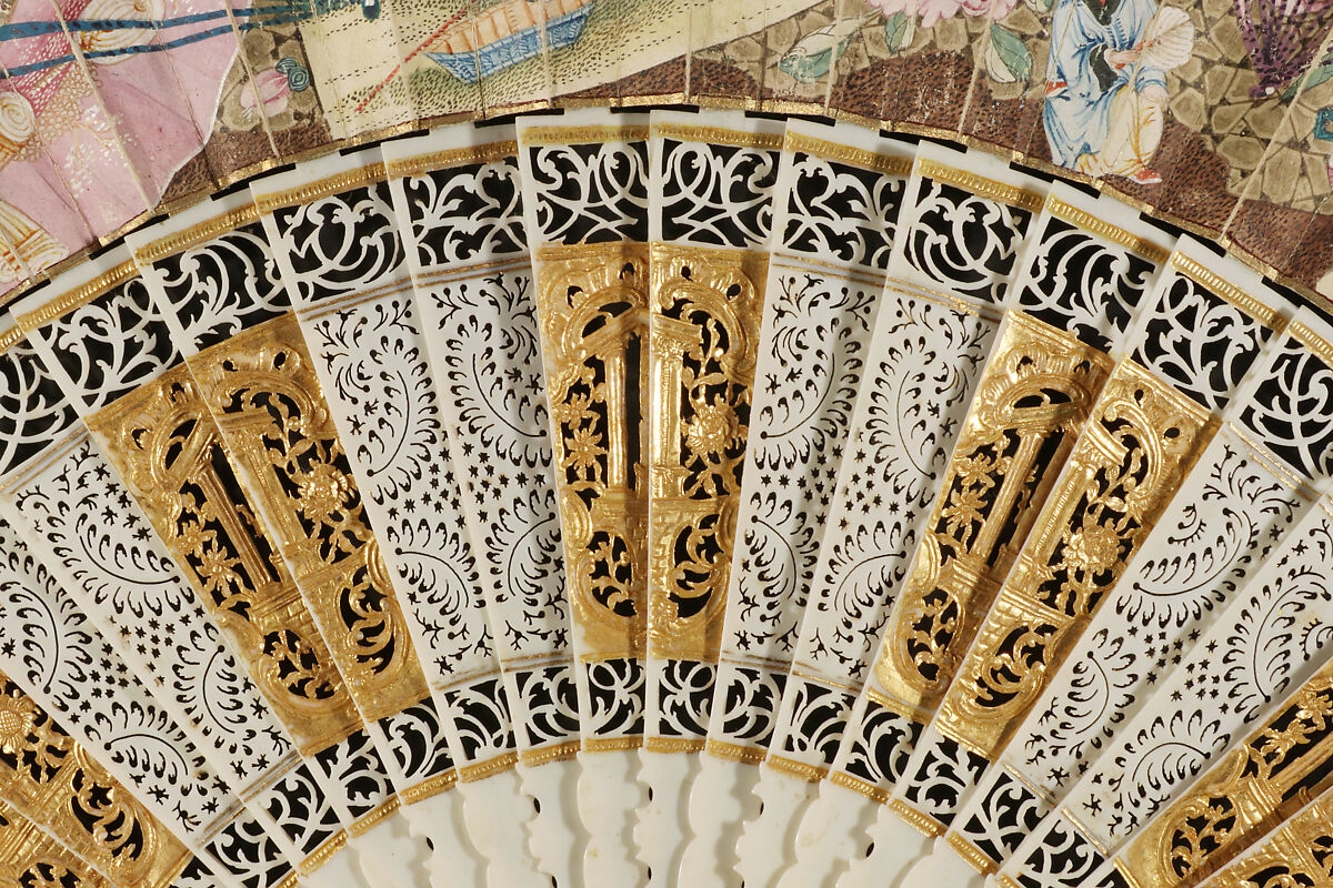 Folding Fan with Trompe l'Oeil Representations of Fans, Scrolls, and Figure Groups, Gouache on parchment; gilded ivory, Chinese, for the European Market