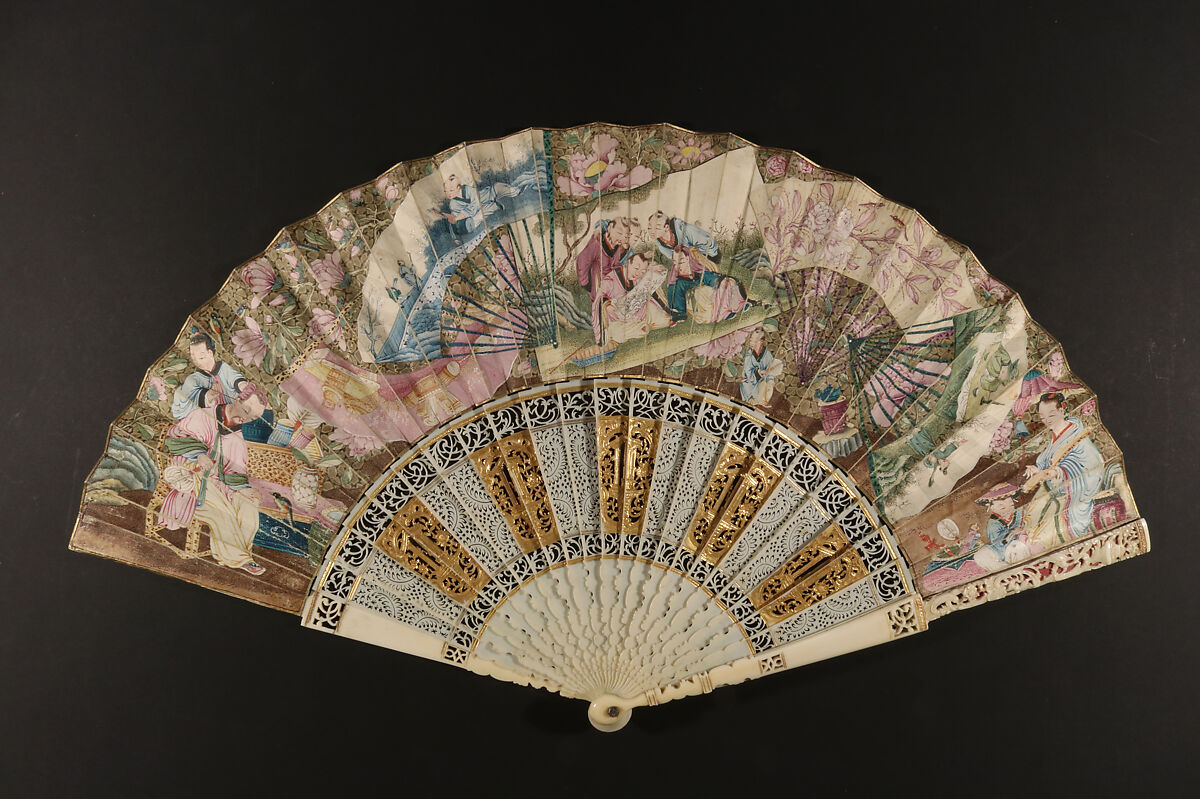 Folding Fan with Trompe l'Oeil Representations of Fans, Scrolls, and Figure Groups, Gouache on parchment; gilded ivory, Chinese, for the European Market