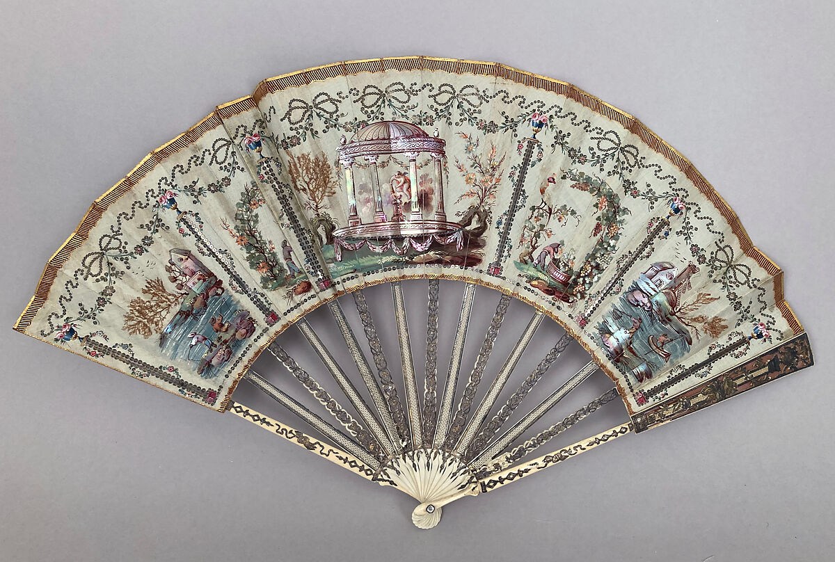 Fan, Ivory, silk, mother-of-pearl, French 