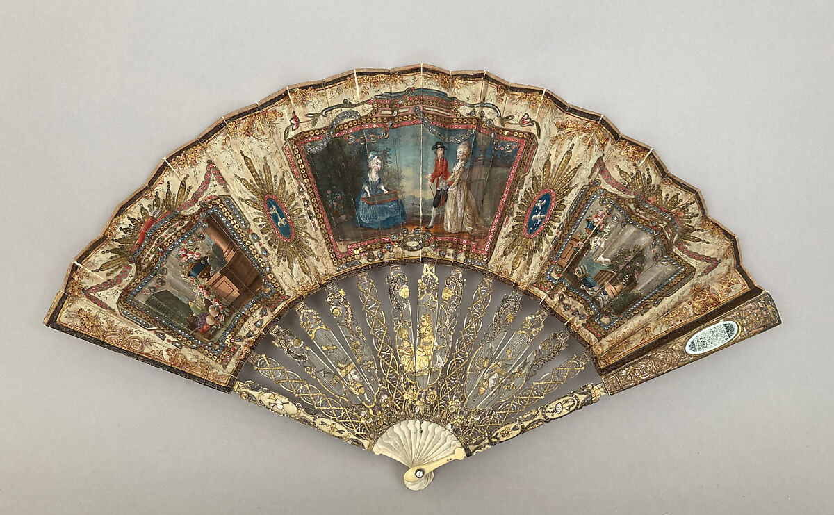 Fan, Ivory, silk, mother-of-pearl, French 