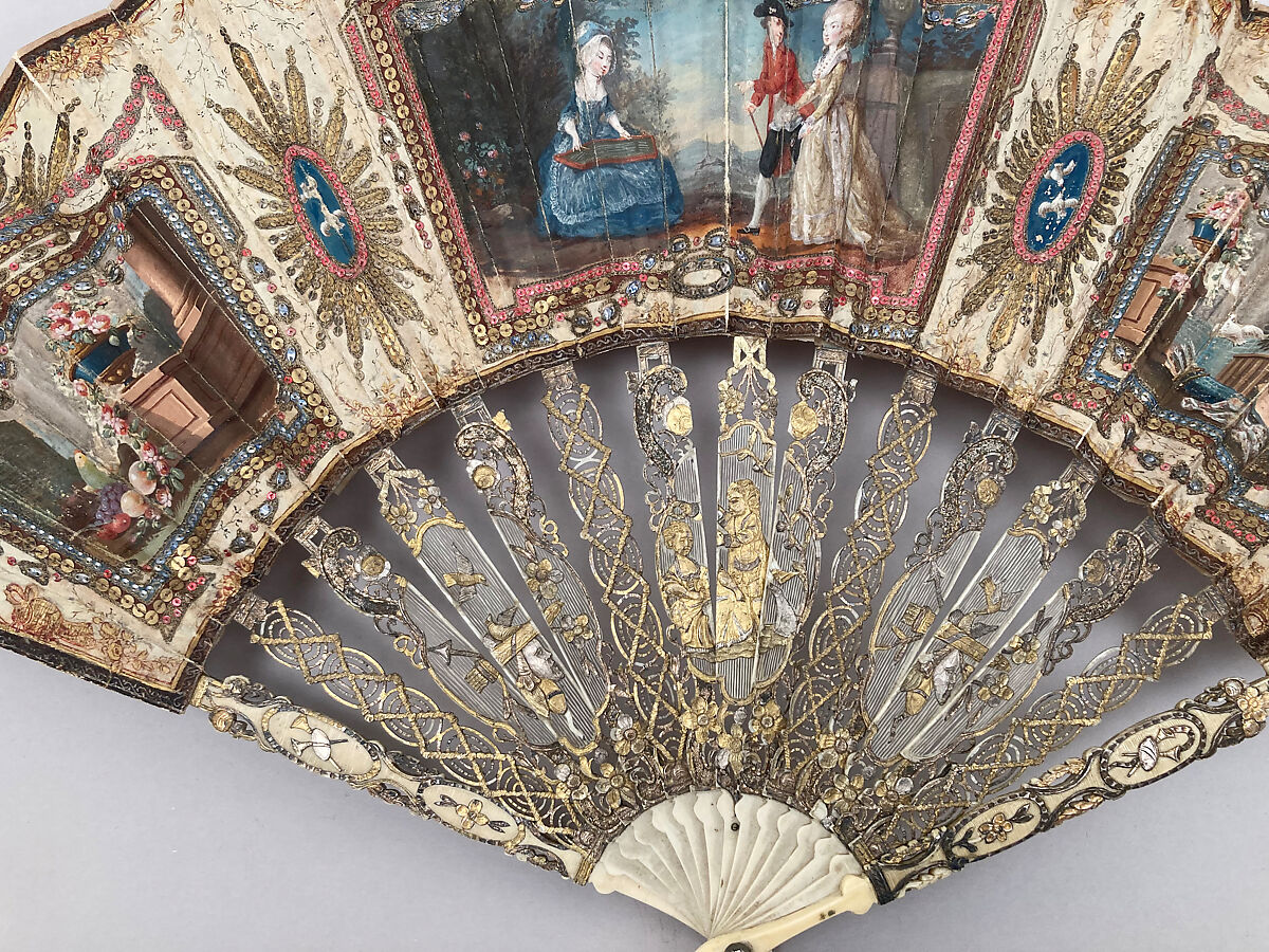 Fan, Ivory, silk, mother-of-pearl, French