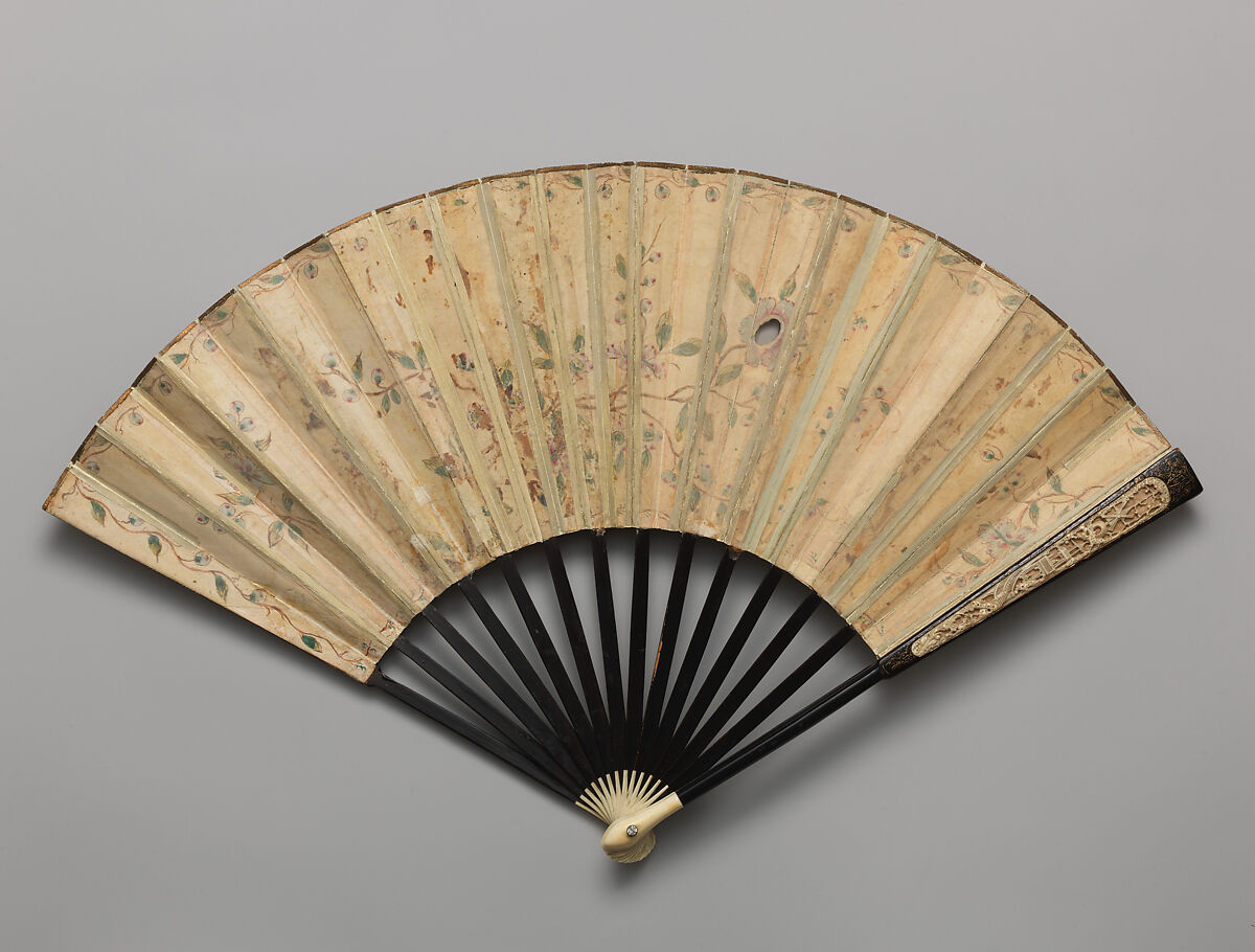Folding Fan with Scene of a Lady in a Palanquin, Paper, wood, ivory, feathers, and mother-of-pearl, Chinese, for the European Market