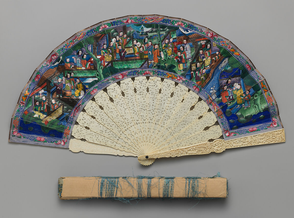 Folding Fan with Scene of Figures in a Courtyard Garden, Ivory and paper, Chinese, for the European Market 