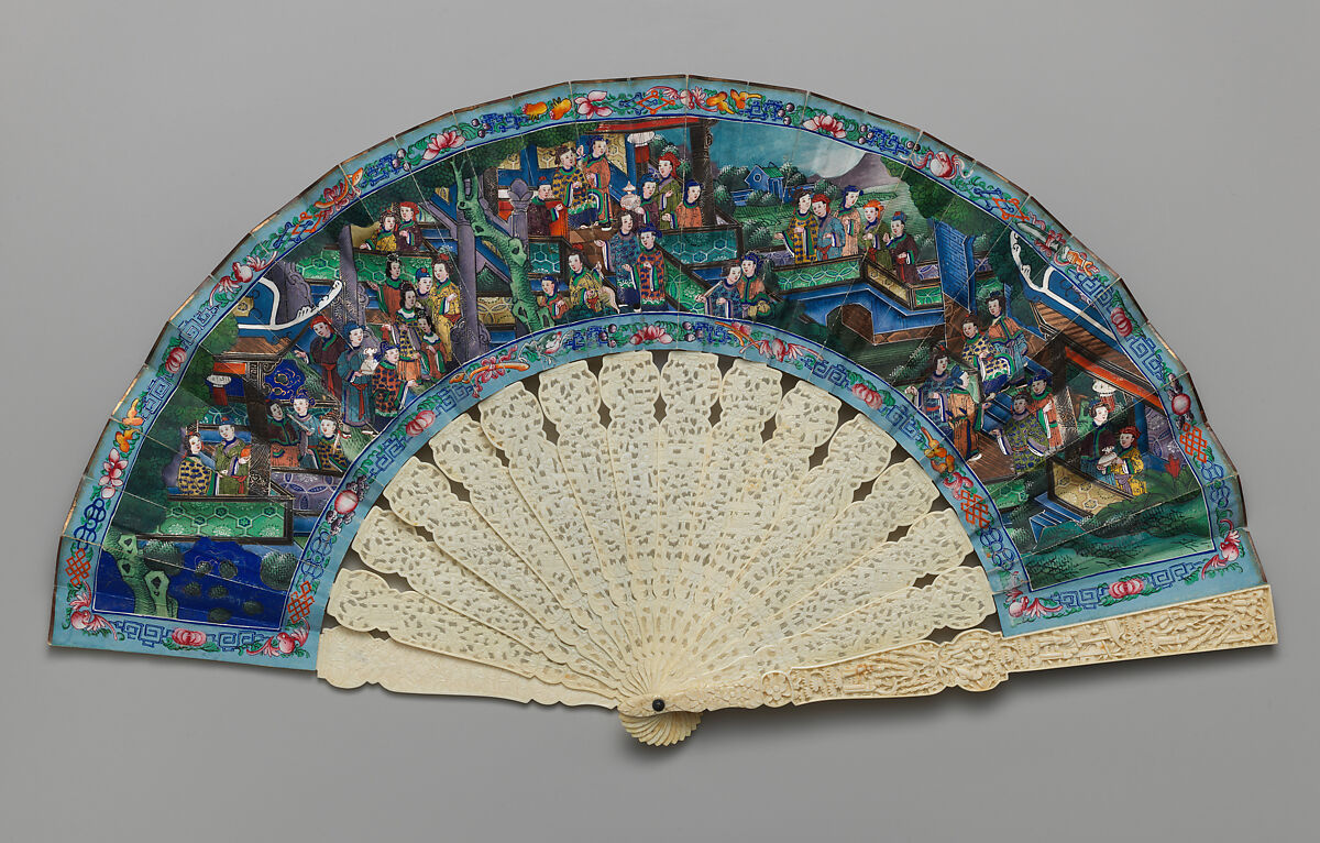 Folding Fan with Scene of Figures in a Courtyard Garden, Ivory and paper, Chinese, for the European Market