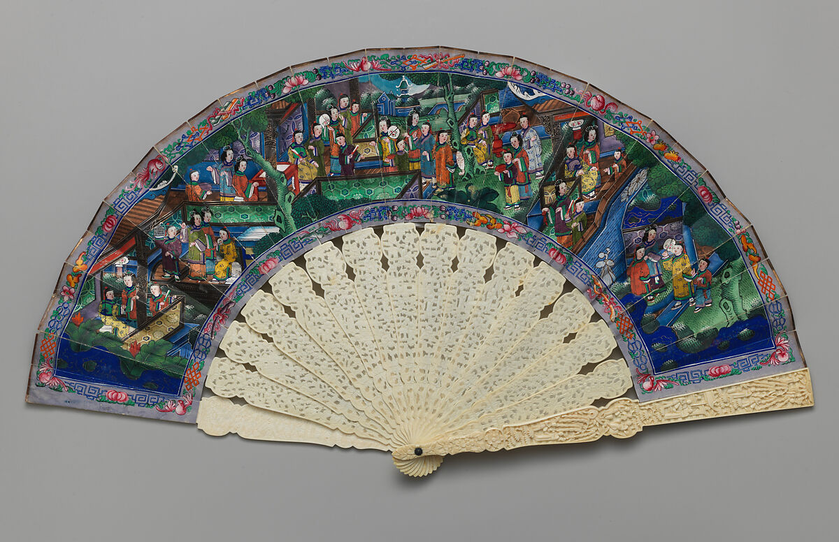 Folding Fan with Scene of Figures in a Courtyard Garden, Ivory and paper, Chinese, for the European Market