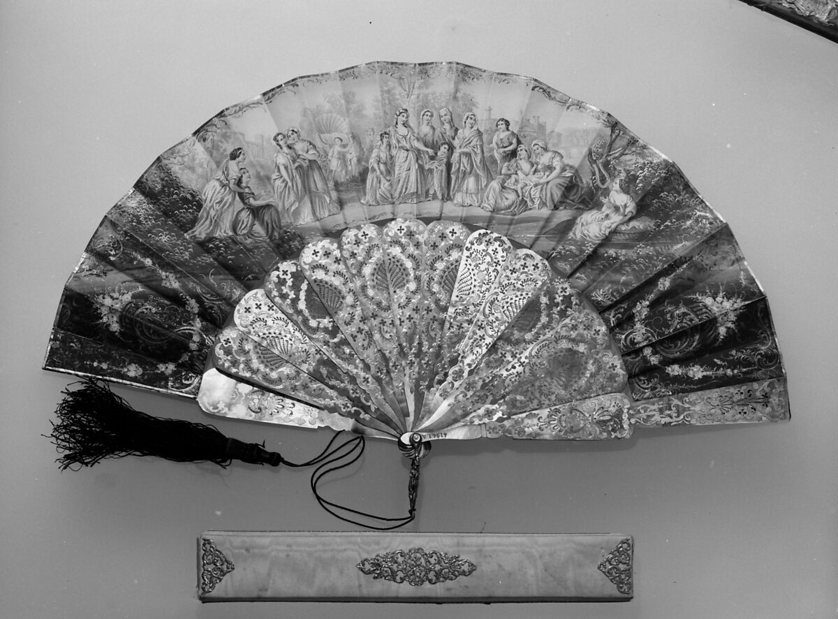 Fan, Paper, mother-of-pearl, brass, silk, French 