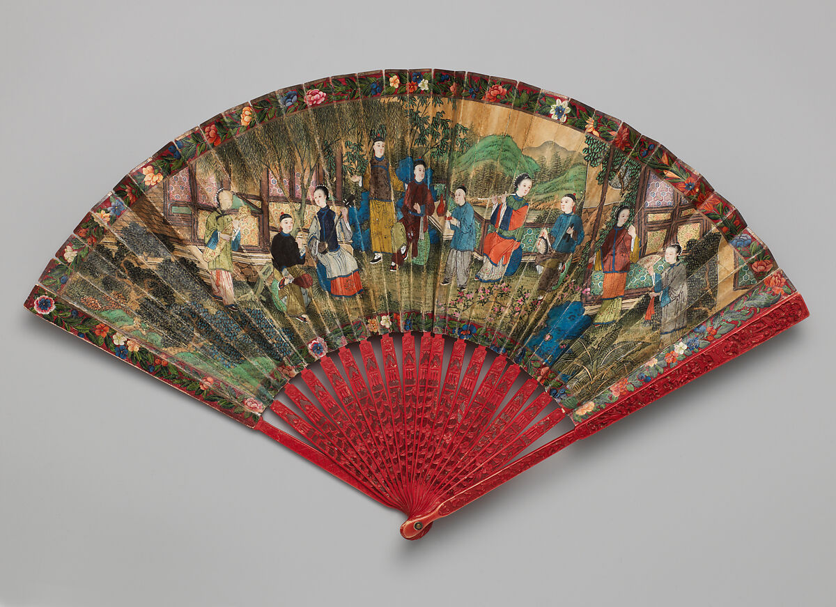 Folding Fan with Scene of Figures in a Courtyard Garden, Bamboo, paper, and silk, Chinese, for the European Market 