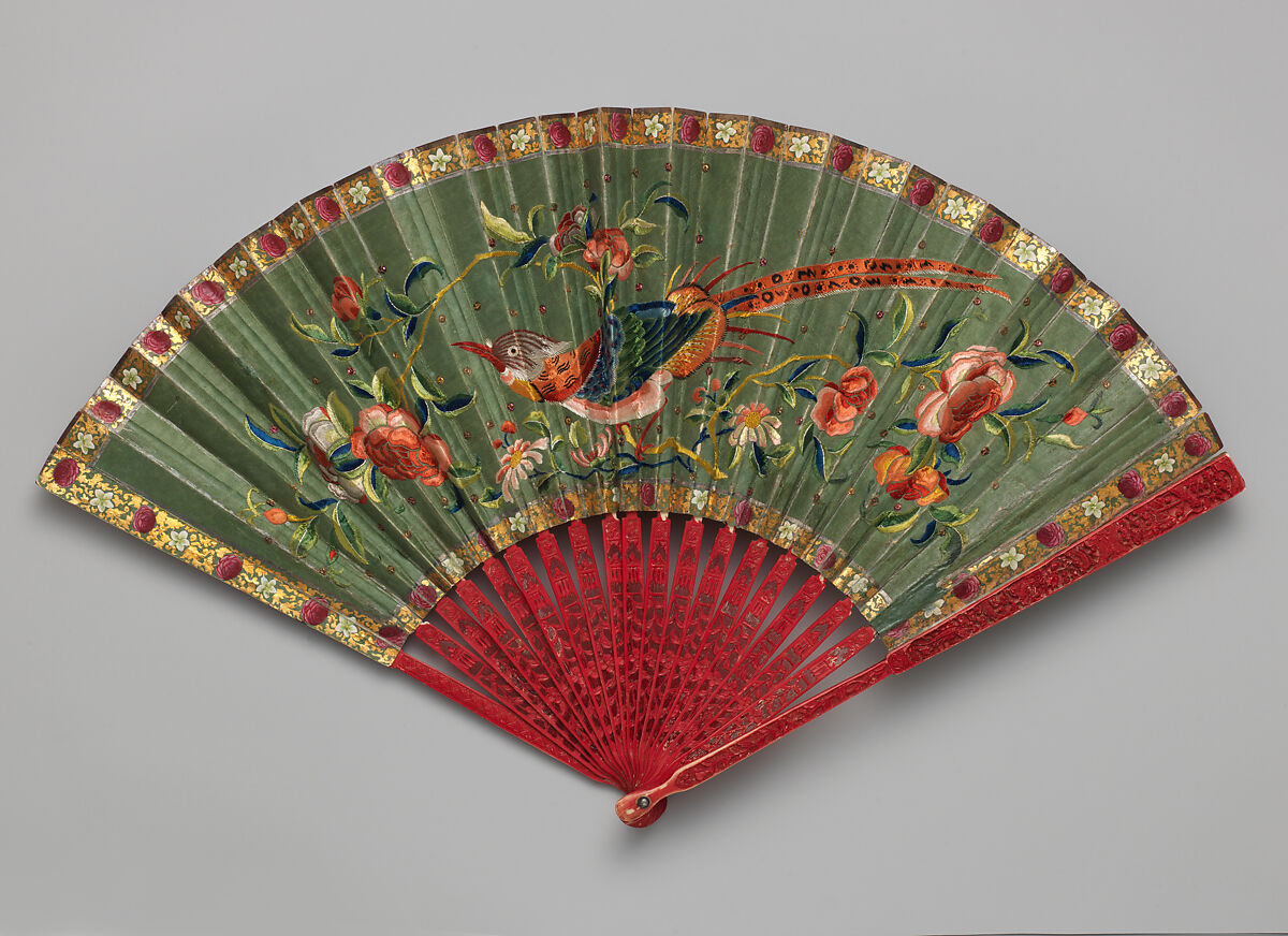 Folding Fan with Scene of Figures in a Courtyard Garden, Bamboo, paper, and silk, Chinese, for the European Market