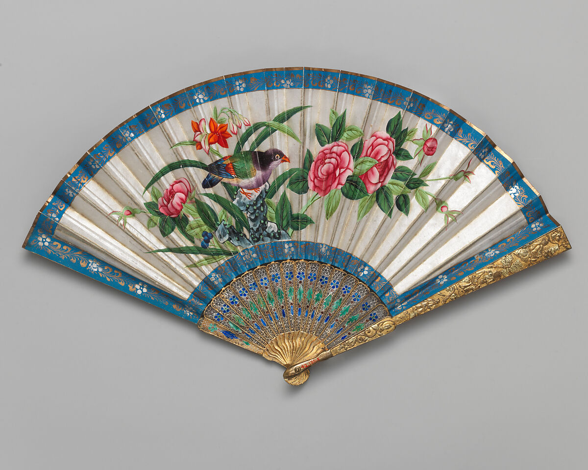 Folding Fan with Scene of Figures in a Courtyard Garden, Silver, brass, paper, and silk, Chinese, for the European Market