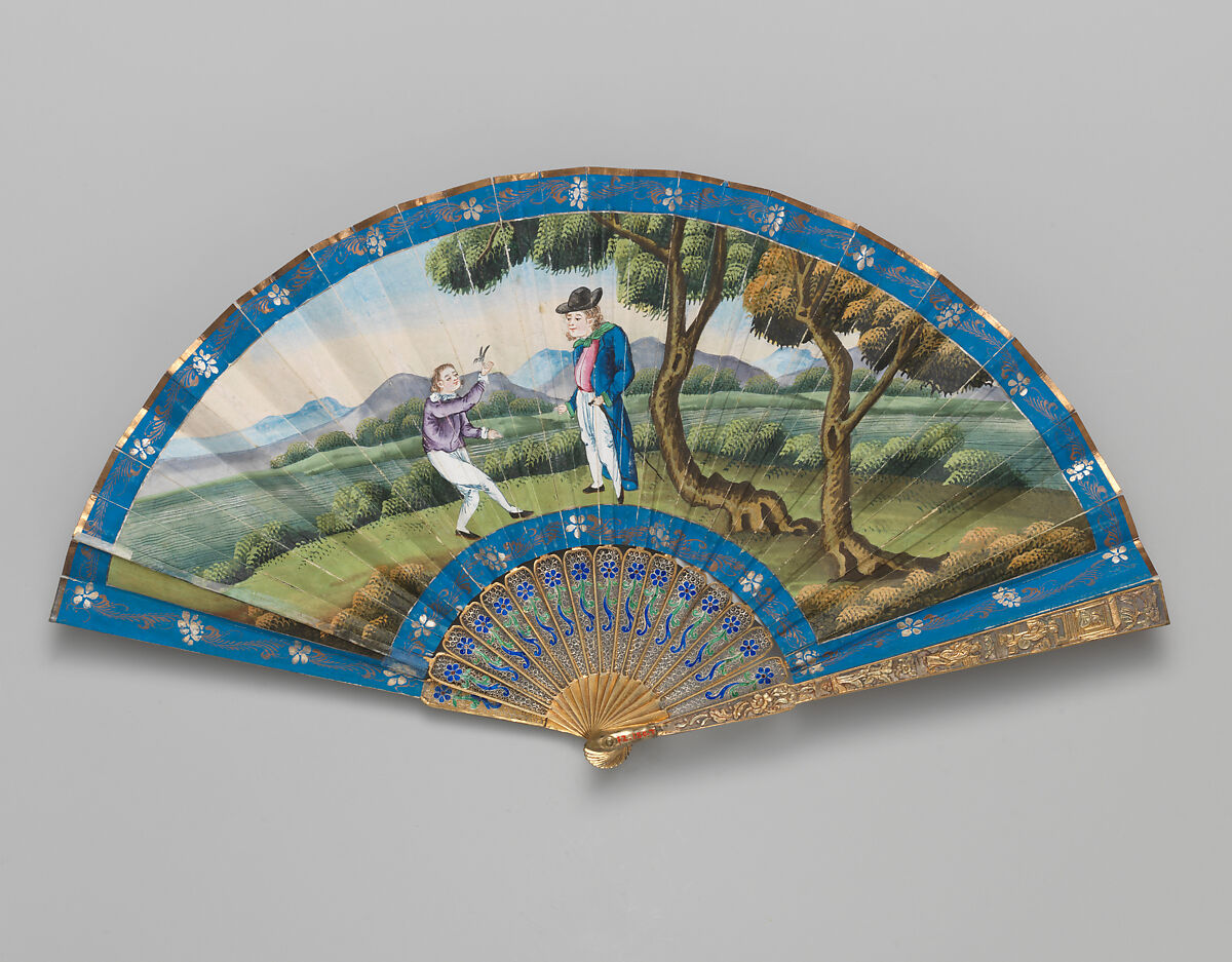 Folding Fan with Scene of Figures in a Landscape, Silver, brass, paper, and silk, Chinese, for the European Market