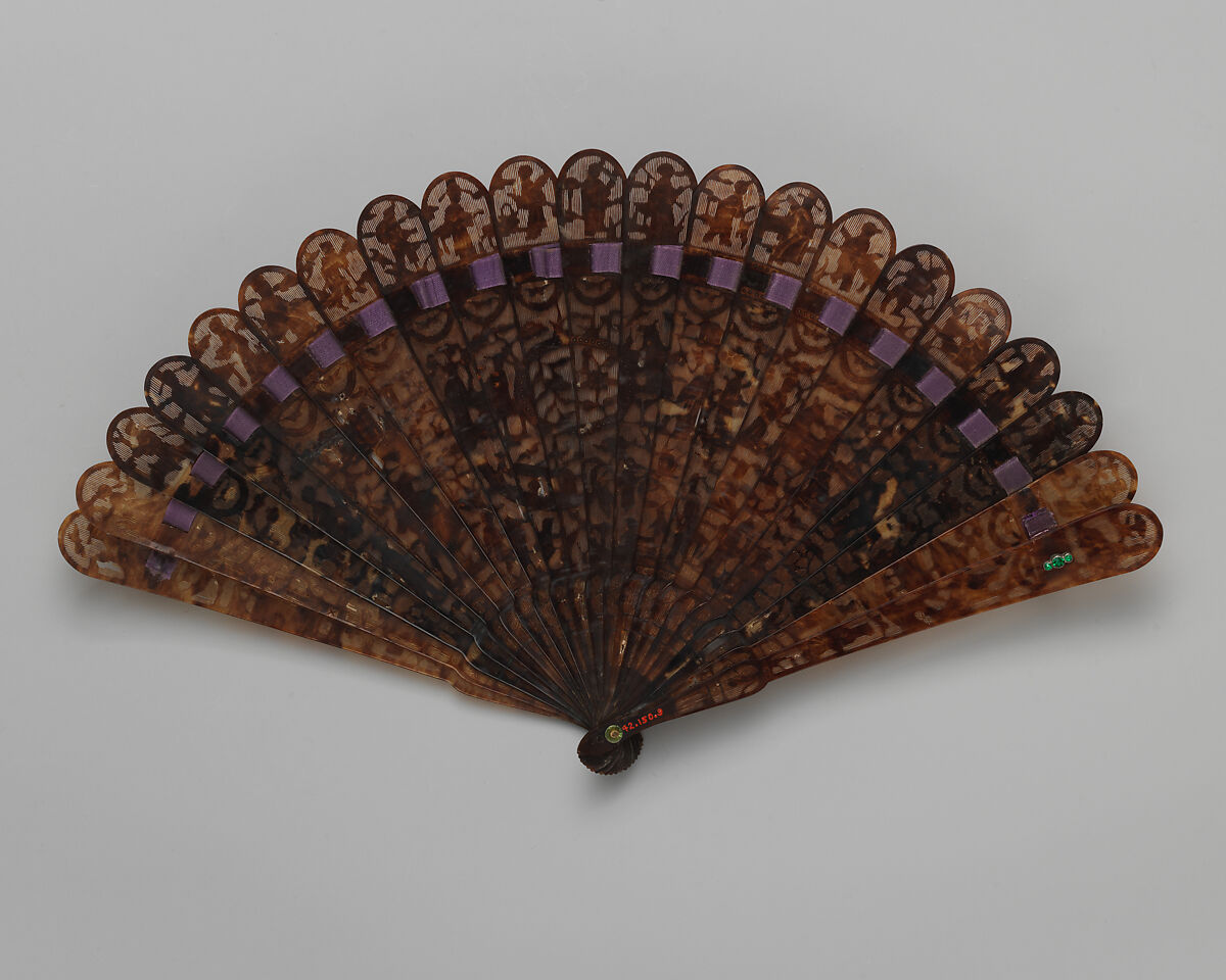 Brisé Fan, with Figures, Boats, and Pavilions, Horn and precious stones, Chinese, for the European Market 