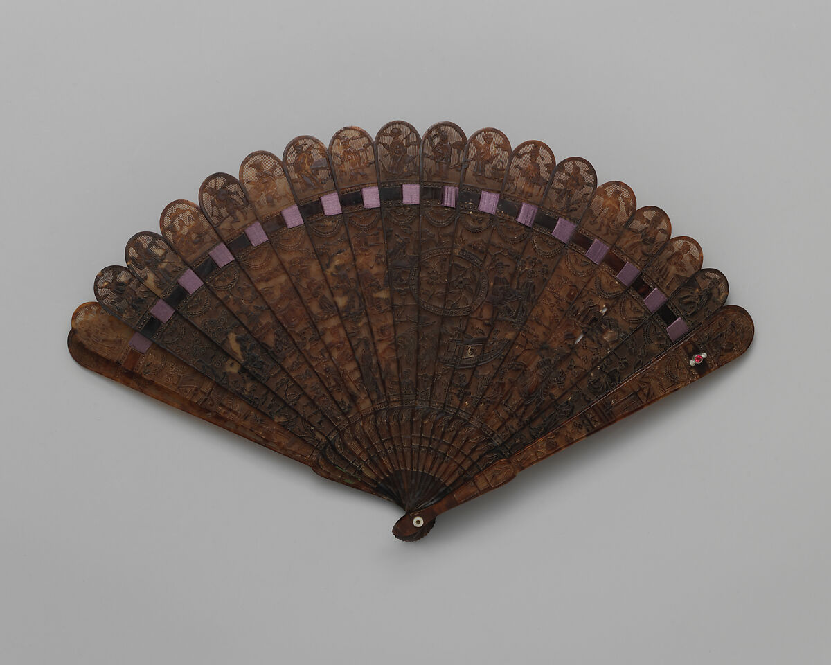 Brisé Fan, with Figures, Boats, and Pavilions, Horn and precious stones, Chinese, for the European Market