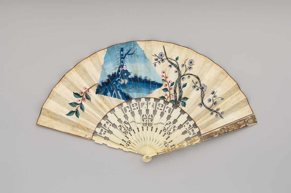 Fan, Gouache on paper and parchment; ivory, mother-of-pearl, possibly French