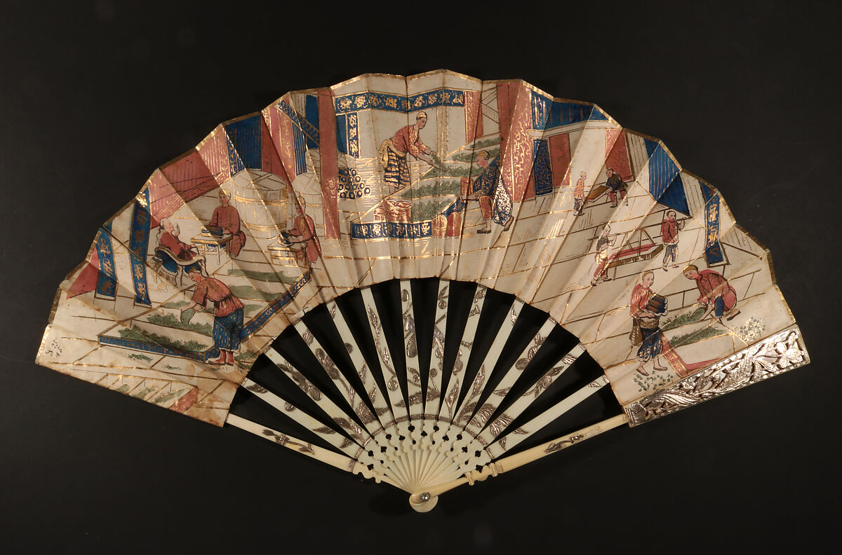 Fan, Chromolithograph on paper; ivory, gilded and silvered, possibly French 