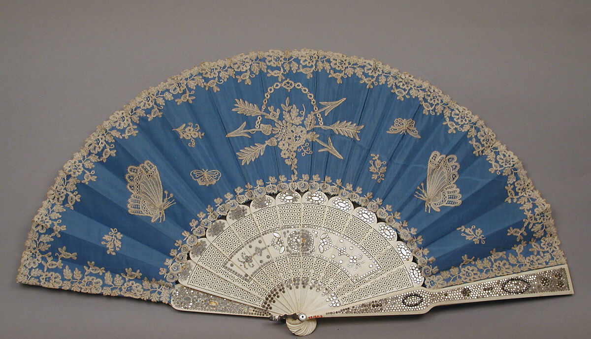 Fan, A. Rodien, Silk taffeta, bobbin lace, ivory, steel, mother-of-pearl, French, Paris 