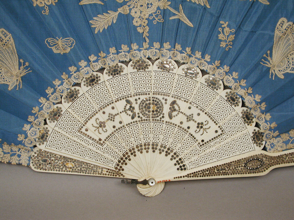 Fan, A. Rodien, Silk taffeta, bobbin lace, ivory, steel, mother-of-pearl, French, Paris