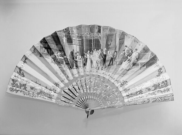 Fan, Silk, gilt, sequins, sandalwood, mother-of-pearl, silver, possibly French 