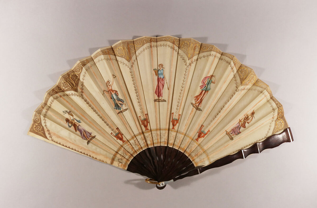 Fan, Chromolitography on silk; walnut, ivory, Belgian or French 