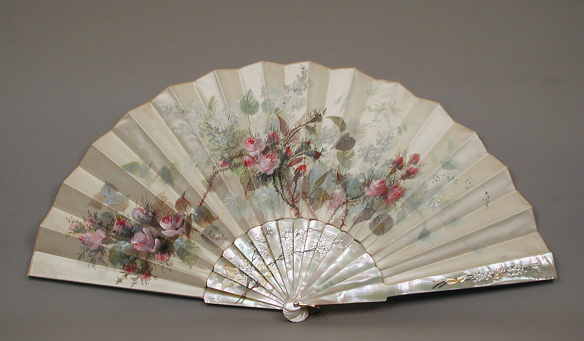 Fan, Tiffany &amp; Co. (1837–present), Hand-painted silk satin; mother-of-pearl, metal, enamel, French