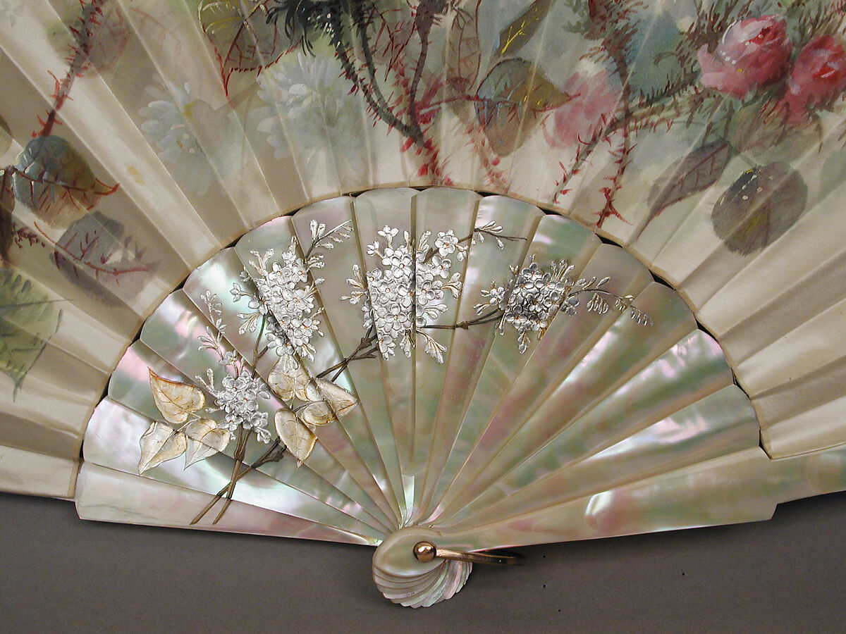 Fan, Tiffany &amp; Co. (1837–present), Hand-painted silk satin; mother-of-pearl, metal, enamel, French