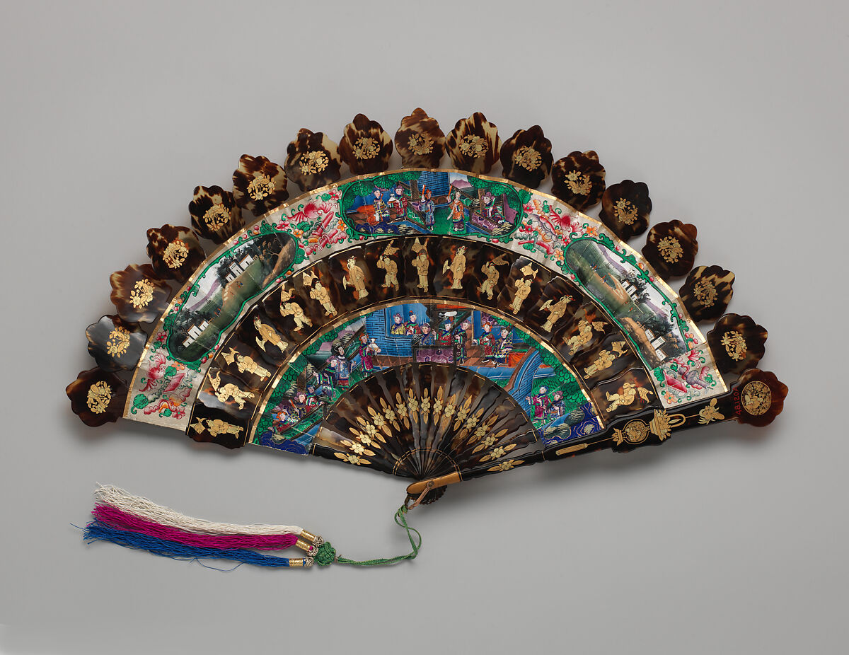 Folding Cabriolet Fan with Multiple Scenes of Performers, Landscapes, and Figures in Courtyard Gardens, Tortoiseshell, paper, silk, and ivory, Chinese, for the European Market 