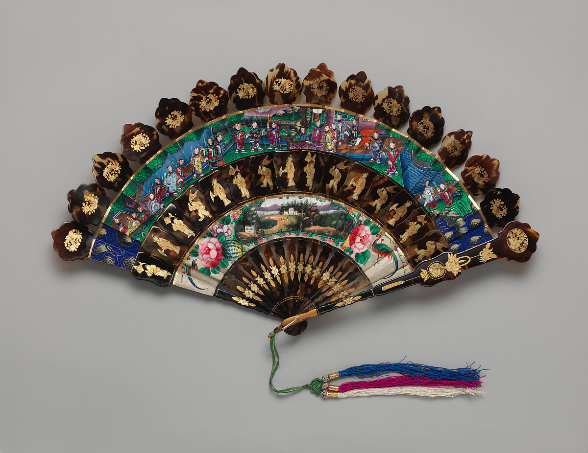 Folding Cabriolet Fan with Multiple Scenes of Performers, Landscapes, and Figures in Courtyard Gardens, Tortoiseshell, paper, silk, and ivory, Chinese, for the European Market