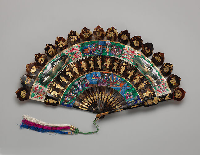 Folding Cabriolet Fan with Multiple Scenes of Performers, Landscapes, and Figures in Courtyard Gardens