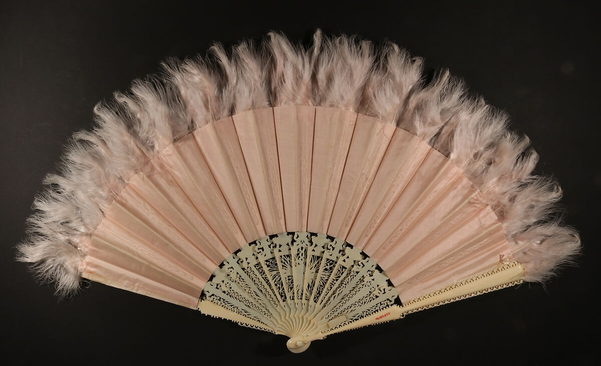 Fan, Lace, pink satin, feathers, paper; ivory, French