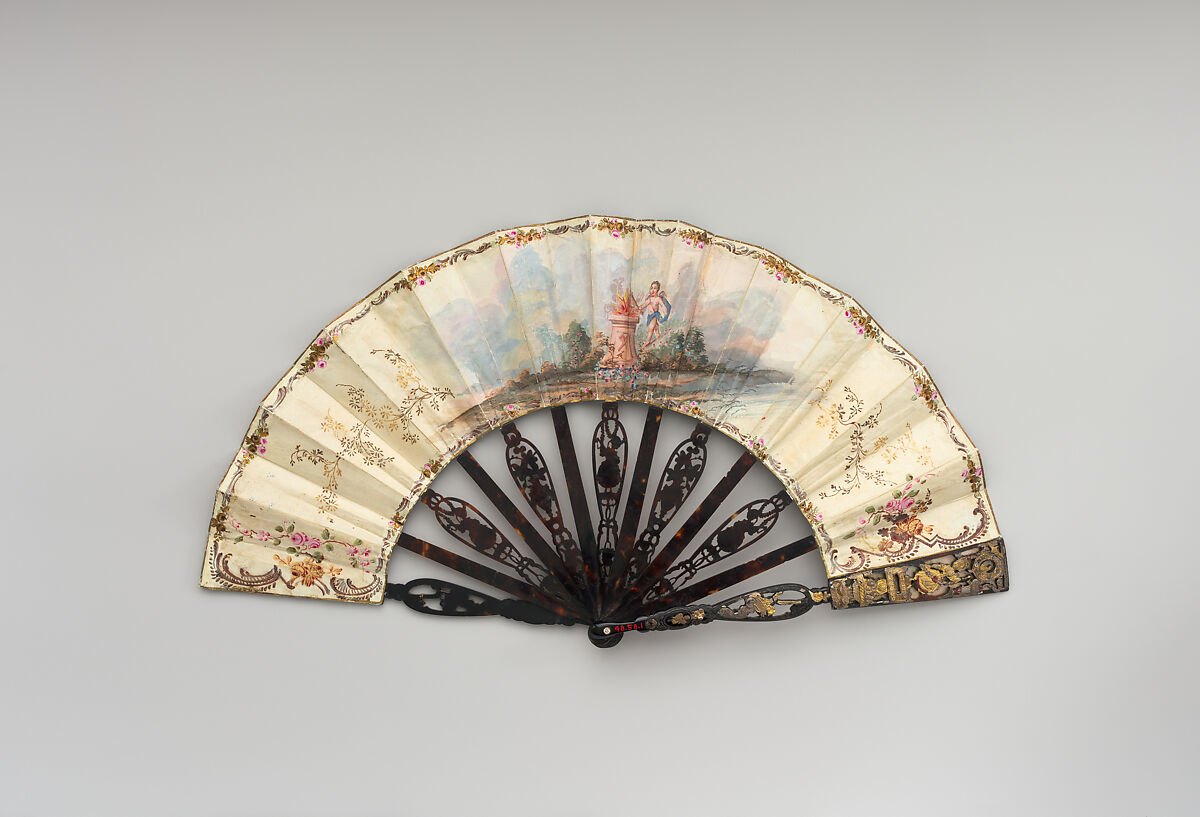 Fan, Gold, tortoiseshell, parchment, paint, gilt, sequins, glass, Italian or French
