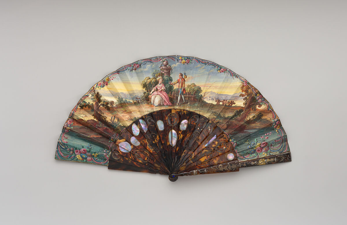 Fan, Tortoiseshell, mother-of-pearl, parchment, paint, gilt, silver gilt, glass, Italian or French