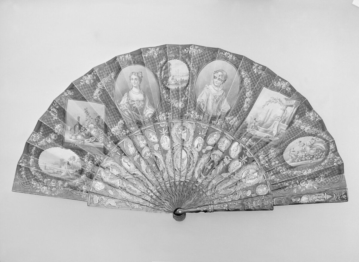 Fan, Tortoiseshell, mother-of-pearl, parchment, paint, gilt, silver gilt, glass, Italian or French 