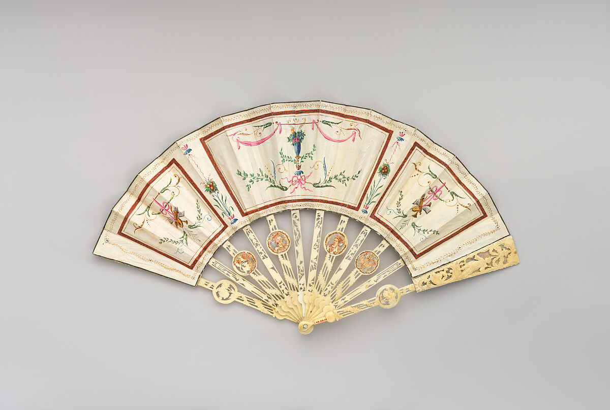 Fan, Ivory, mother-of-pearl, parchment, paint, Italian
