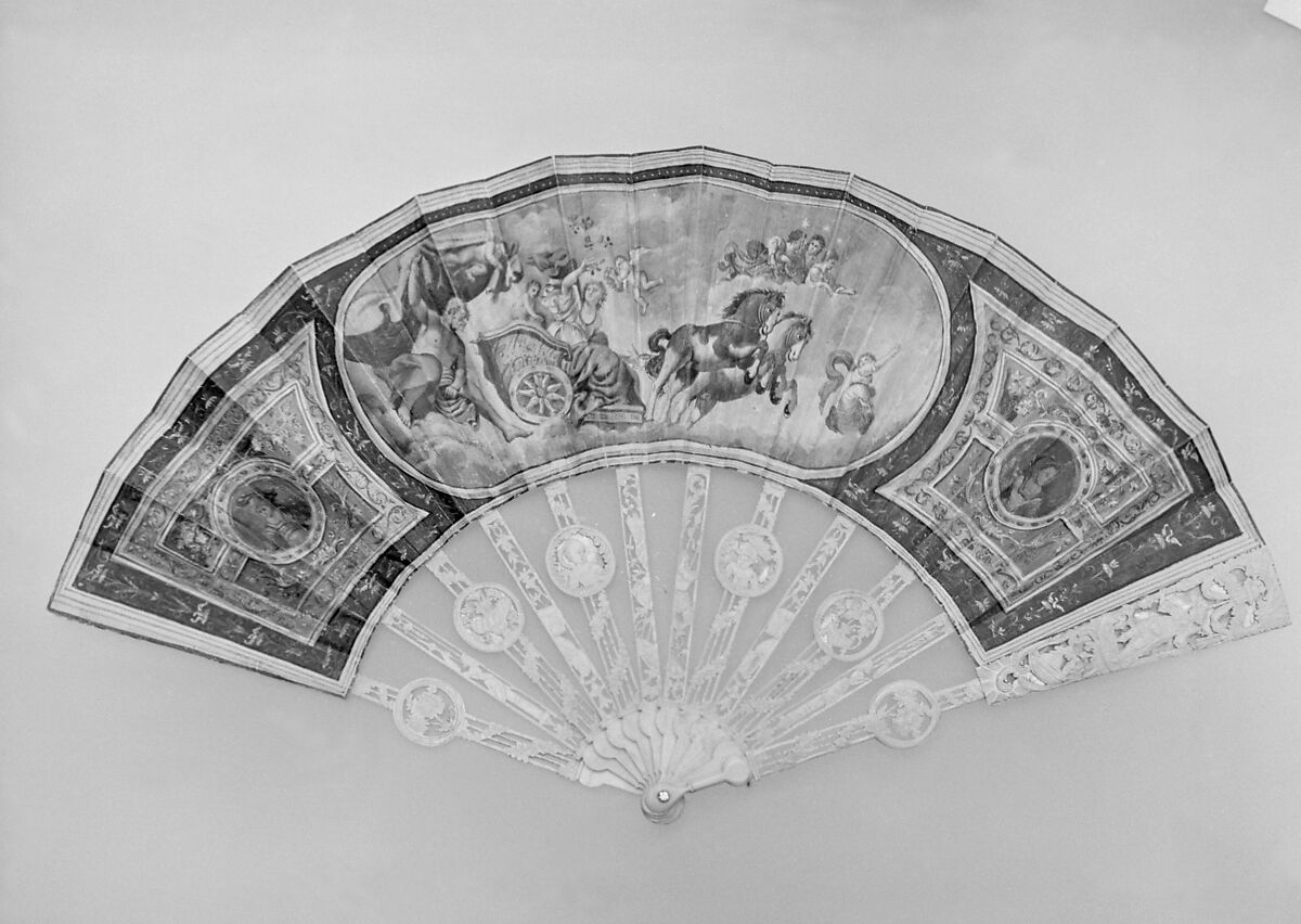 Fan, Ivory, mother-of-pearl, parchment, paint, Italian 