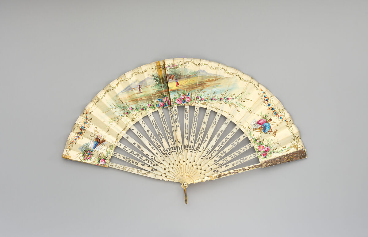 Fan, Parchment, paint, gilt, satin, ivory, silver gilt, metal gilt, Spanish