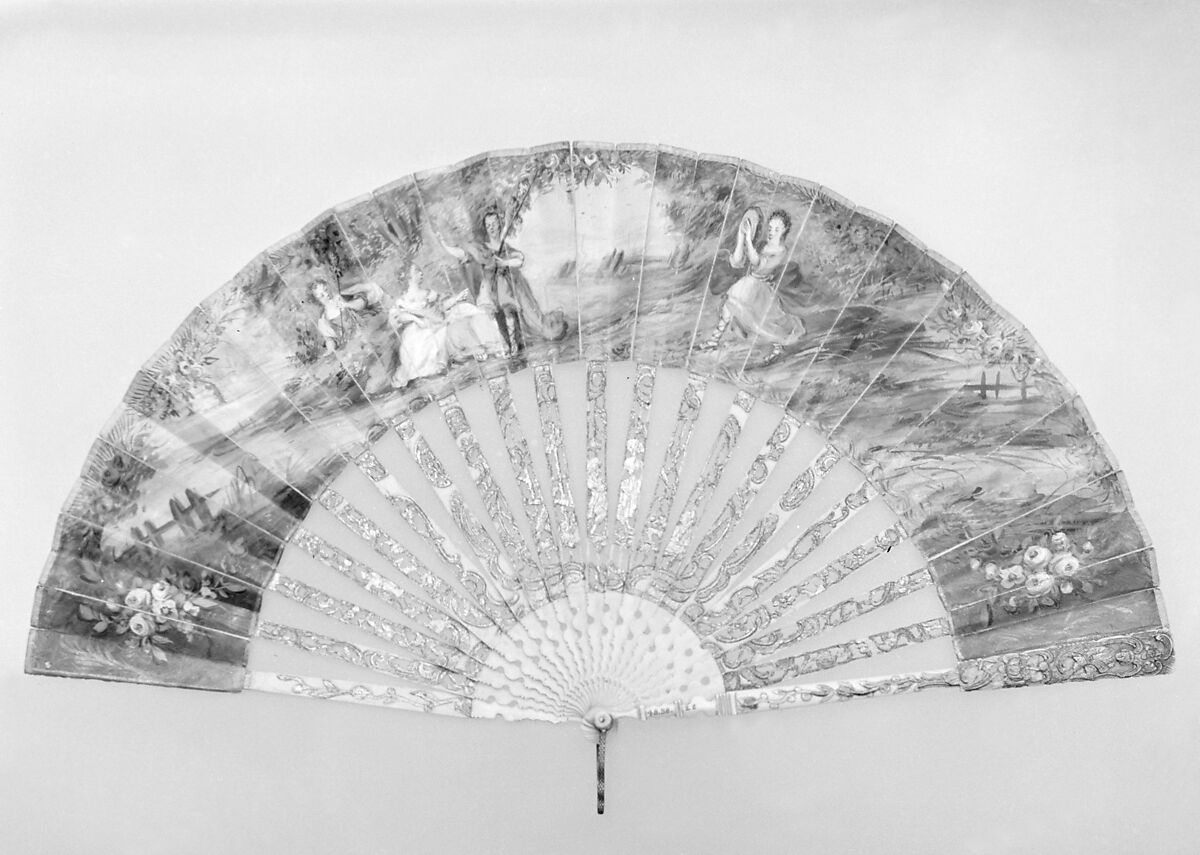Fan, Parchment, paint, gilt, satin, ivory, silver gilt, metal gilt, Spanish 