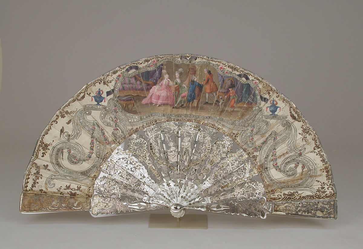 Folding fan, Silk, paper, mother-of-pearl, spangles, glass, French 