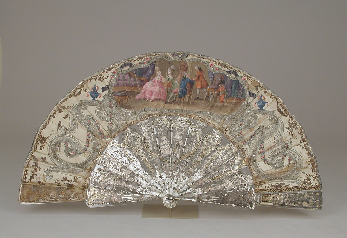 Folding fan, Silk, paper, mother-of-pearl, spangles, glass, French